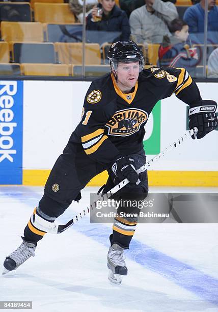 Phil Kessel of the Boston Bruins skates during warm-up against the Buffalo Sabres at the TD Banknorth Garden on January 3, 2009 in Boston,...