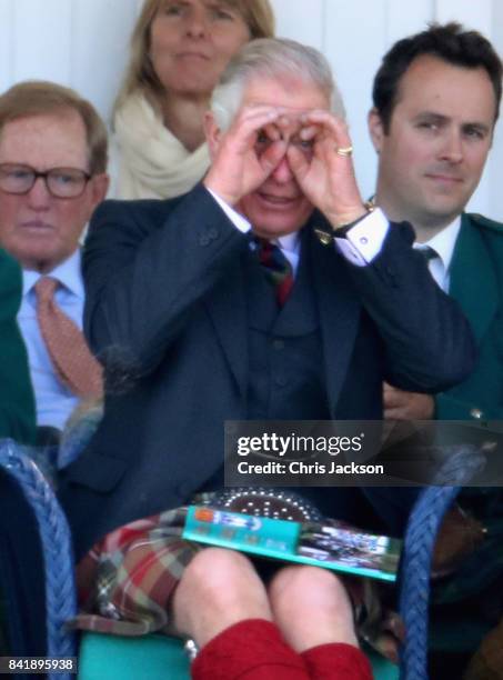 Prince Charles, Prince of Wales watches the 2017 Braemar Gathering at The Princess Royal and Duke of Fife Memorial Park on September 2, 2017 in...