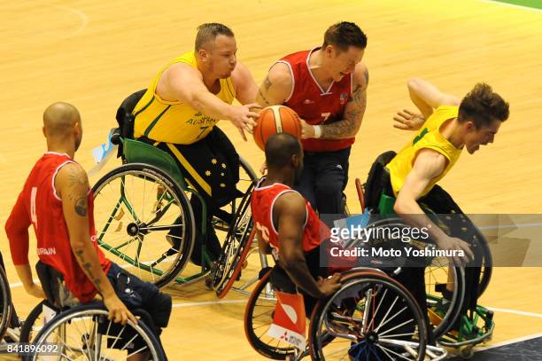Shaun Norris of Australia and Terence Bywater of Great Britain compete for the ball during the Wheelchair Basketball World Challenge Cup final...