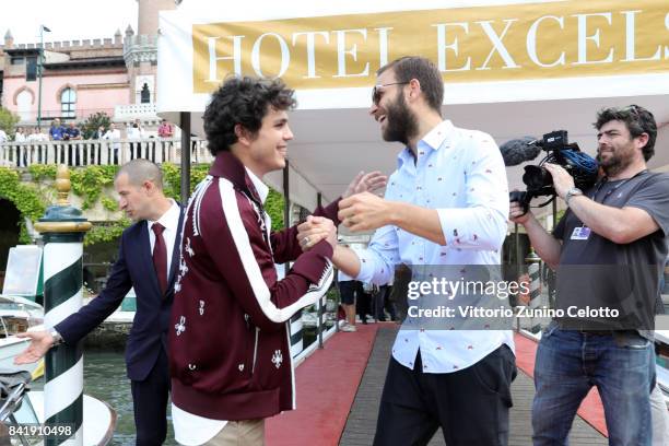 Eduardo Valdarnini and Alessandro Borghi attend the 'Suburra The Series' photocall during the 74th Venice Film Festival at Sala Casino on September...