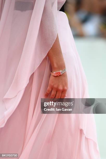 Brazilian Actress Bruna Marquezine, detail, wearing a Jaeger-LeCoultre Jaeger-LeCoultre Reverso One Duetto Jewelry watch attends the 'Suburbicon'...