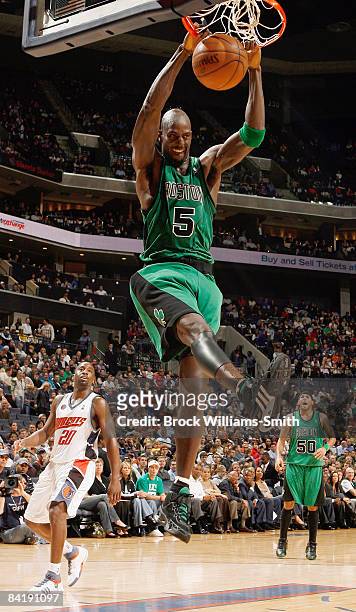 Kevin Garnett of the Boston Celtics slam dunks against the Charlotte Bobcats on January 6, 2009 at the Time Warner Cable Arena in Charlotte, North...