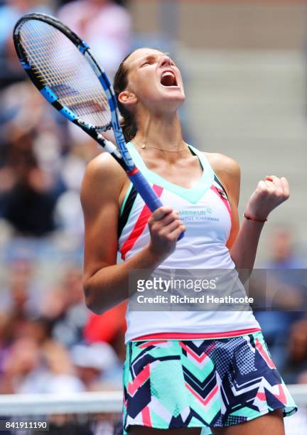 Karolina Pliskova of Czech Republic celebrates her third round match win over Saisai Zheng of China on Day Six of the 2017 US Open at the USTA Billie...