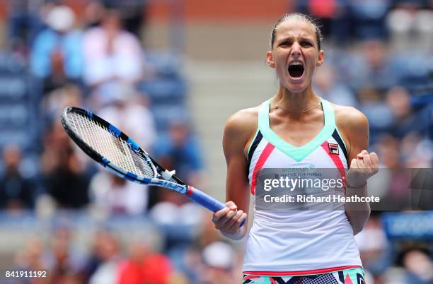NEW YORK, NY Karolina Pliskova of Czech Republic celebrates her third round match win over Saisai Zheng of China on Day Six of the 2017 US Open at...