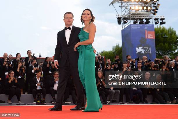 Actor Matt Damon and his wife Luciana attend the premiere of the movie "Suburbicon" presented out of competition at the 74th Venice Film Festival on...