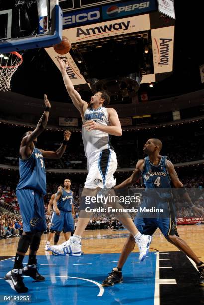 Hedo Turkoglu of the Orlando Magic shoots against Andray Blatche of the Washington Wizards during the game on January 6, 2009 at Amway Arena in...