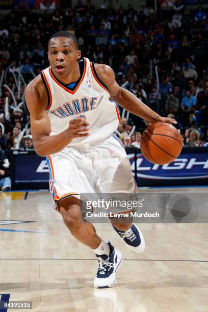 Russell Westbrook of the Oklahoma City Thunder drives toward the basket during a game against the New York Knicks on January 6, 2009 at the Ford...