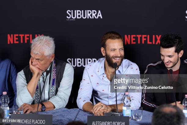 Michele Placido,Alessandro Borghi and Giacomo Ferrara attend the 'Suburra The Series' press conference during the 74th Venice Film Festival at Sala...