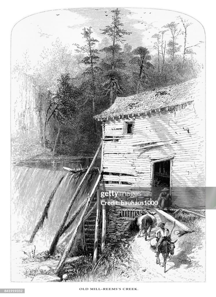 Old Mill on Reems Creek, French Broad River, North Carolina, United States, American Victorian Engraving, 1872