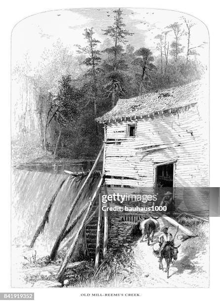 old mill on reems creek, french broad river, north carolina, united states, american victorian engraving, 1872 - north carolina waterfall stock illustrations