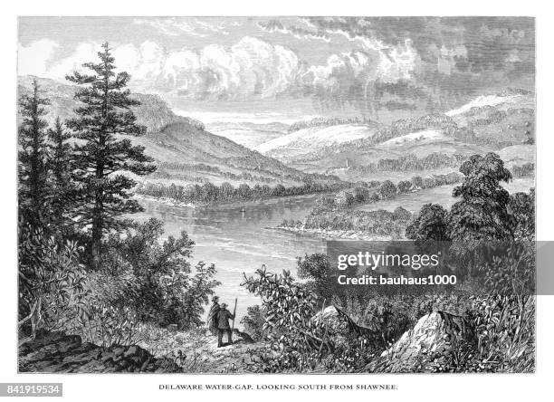 delaware river water gap looking south from shawnee, pennsylvania, united states, american victorian engraving, 1872 - paradise pennsylvania stock illustrations