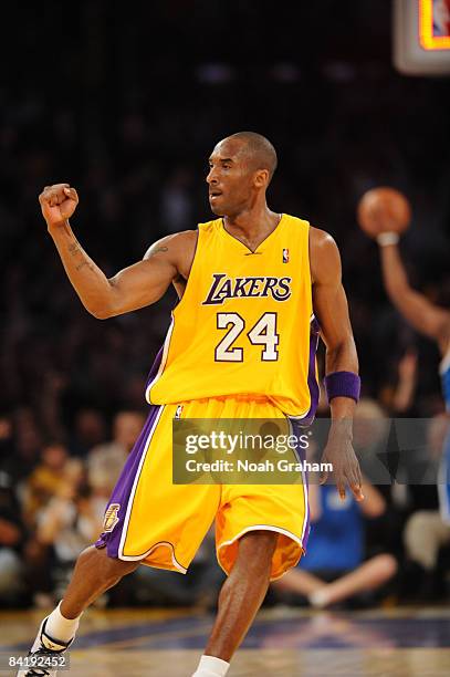 Kobe Bryant of the Los Angeles Lakers pumps his fist during a game against the New Orleans Hornets at Staples Center on January 6, 2009 in Los...