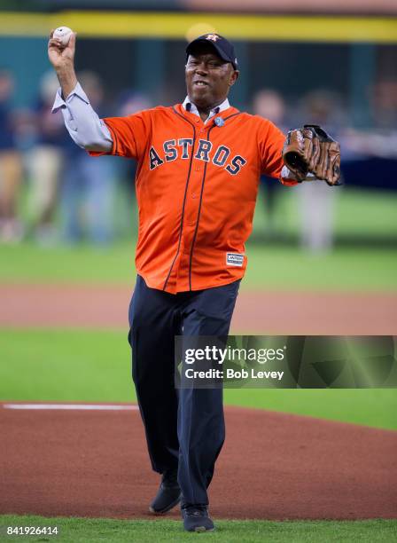Houston mayor Sylvester Turner throws out the first pitch at the first game of a double-header against the New York Mets at Minute Maid Park on...