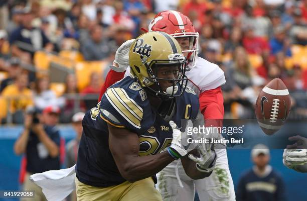 Jester Weah of the Pittsburgh Panthers cannot come up with a catch on a pass thrown by Max Browne in the second quarter during the game against the...