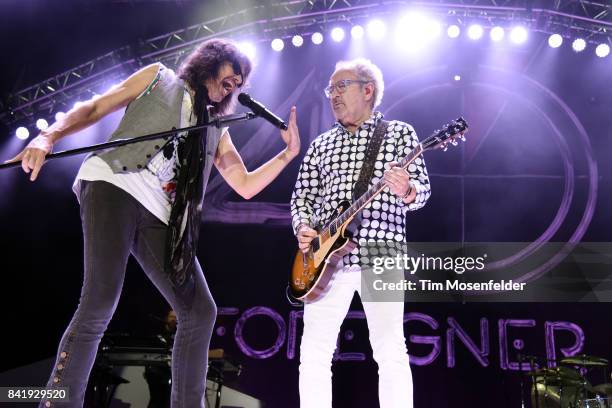 Mick Jones and Kelly Hansen of Foreigner perform in support of the band's "Foreigner 40" tour at Toyota Amphitheatre on September 1, 2017 in...