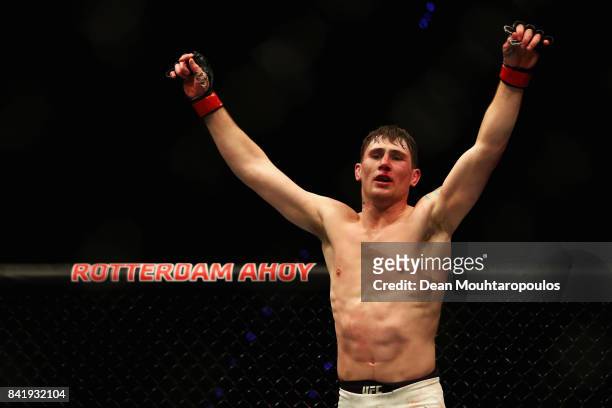 Darren Till of England celebrates victory against Bojan Velickovic of Serbia after their Welterweight bout during the UFC Fight Night at Ahoy on...