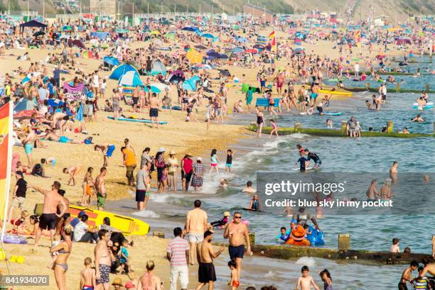 boscombe beach, dorset, uk. - crowded beach stock pictures, royalty-free photos & images