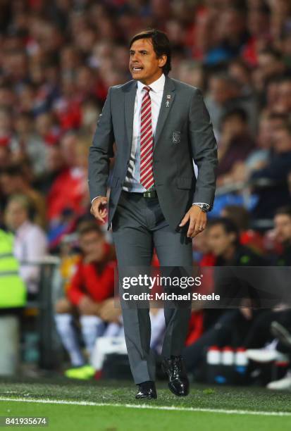 Chris Coleman manager of Wales reacts during the FIFA 2018 World Cup Qualifier between Wales and Austria at Cardiff City Stadium on September 2, 2017...