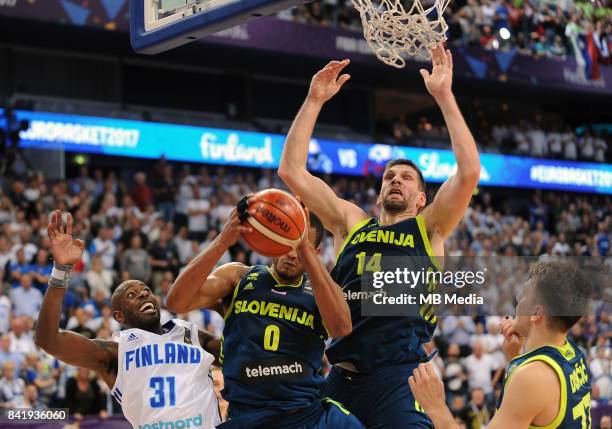 Jamar Wilson of Finland, Anthony Randolph of Slovenia, Gasper Vidmar of Slovenia during the FIBA Eurobasket 2017 Group A match between Finland and...