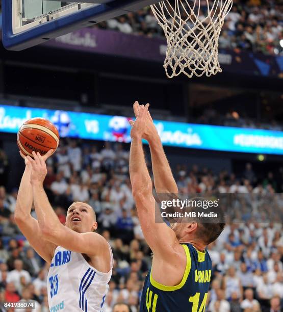 Erik Murphy of Finland, Gasper Vidmar of Slovenia during the FIBA Eurobasket 2017 Group A match between Finland and Slovenia on September 2, 2017 in...