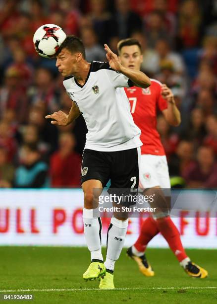 Stefan Lainer of Austria heads clear during the FIFA 2018 World Cup Qualifier between Wales and Austria at Cardiff City Stadium on September 2, 2017...