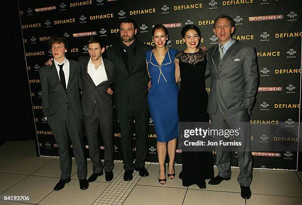 George Mackay, Jamie Bell, Liev Schreiber, Jodhi May, Alexa Davalos and Daniel Craig arrive for the European Film Premiere of 'Defiance' at the Odeon...