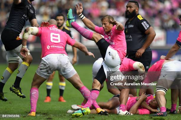 Charl McLeod of Stade Francais kicks the ball during the Top 14 match between Stade Francais and La Rochelle on September 2, 2017 in Paris, France.