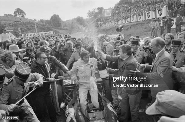 Scottish racing driver Jackie Stewart after his victory in the French Grand Prix in a Tyrrell-Cosworth at Clermont-Ferrand, 2nd July 1972.