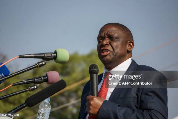 Zimbabwe People First leader Agrippa Mutambara addresses a Movement for Democratic Change Alliance launch rally at White City Stadium in Bulawayo on...