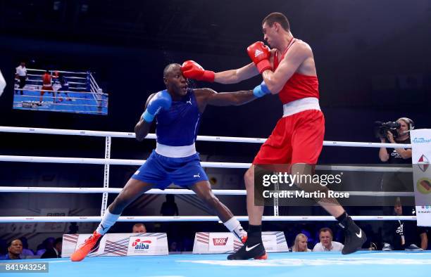 Evgeny Tishchenko of Russia and Erislandy Savon of Cuba fight in the Men's heavy during the final of the AIBA World Boxing Championships Hamburg 2017...