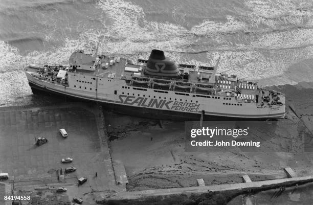 The 'Hengist', a Sealink passenger ferry run aground at Folkestone after the Great Storm in southern England, 17th October 1987.