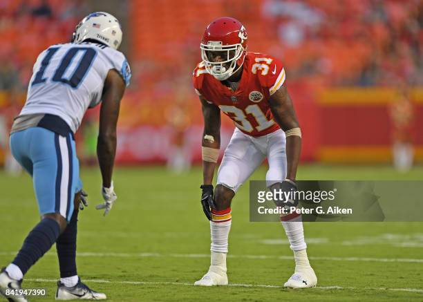 Defensive back De'Vante Bausby of the Kansas City Chiefs gets set on defense against the Tennessee Titans during the first half of a preseason game...