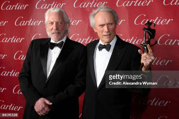 Actor Donald Sutherland and Actor Clint Eastwood backstage during the 20th anniversary of the Palm Springs International Film Festival Awards Gala...