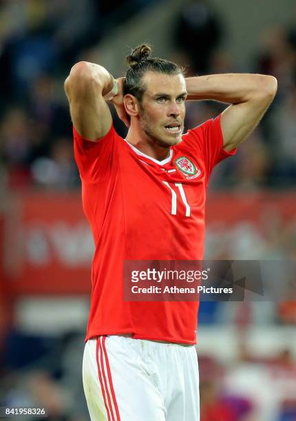 Gareth Bale of Wales shows his disappointment during the FIFA World Cup Qualifier Group D match between Wales and Austria at The Cardiff City Stadium...