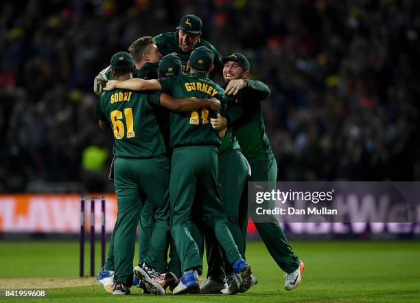 Notts players celebrate winning the NatWest T20 Blast Final between Birmingham Bears and Notts Outlaws at Edgbaston on September 2, 2017 in...