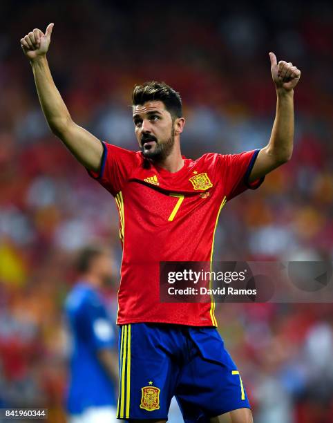 David Villa of Spain acknownledges the fans during the FIFA 2018 World Cup Qualifier between Spain and Italy at Estadio Santiago Bernabeu on...