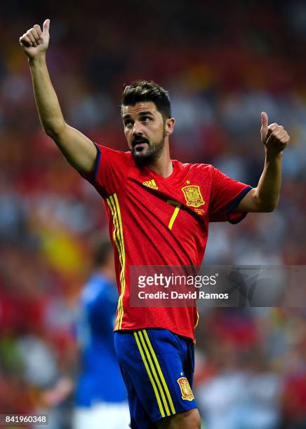 David Villa of Spain acknownledges the fans during the FIFA 2018 World Cup Qualifier between Spain and Italy at Estadio Santiago Bernabeu on...