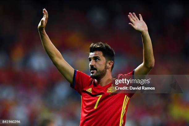 David Villa of Spain acknownledges the fans during the FIFA 2018 World Cup Qualifier between Spain and Italy at Estadio Santiago Bernabeu on...