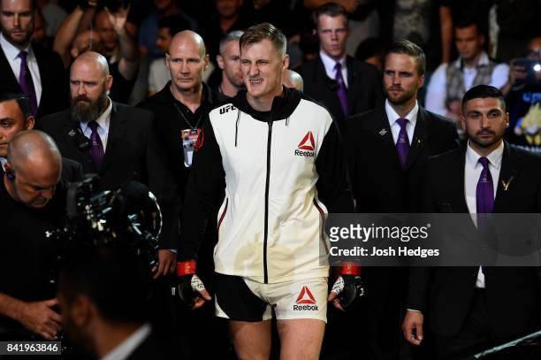 Alexander Volkov of Russia enters the arena prior to facing Stefan Struve of The Netherlands in their heavyweight bout during the UFC Fight Night...