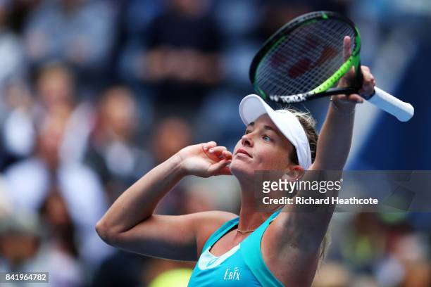 CoCo Vandeweghe of the United States celebrates defeating Agnieszka Radwanska of Poland during their third round Women's Single's match on Day Six of...