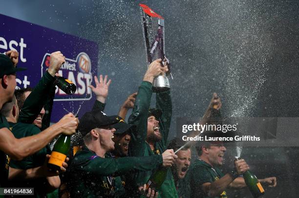 Daniel Christian of Notts lifts the trophy after winning the NatWest T20 Blast Final between Birmingham Bears and Notts Outlaws at Edgbaston on...