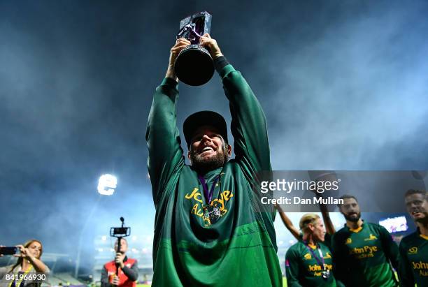 Daniel Christian of Notts celebrates with the trophy after winning the NatWest T20 Blast Final between Birmingham Bears and Notts Outlaws at...