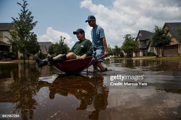 Lung Hui Chen pushes Manuel Terrazas in a wheel barrel across flooded streets as local residents clear out homes damaged in the aftermath of tropical...