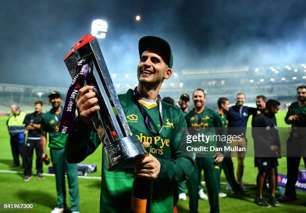 Alex Hales of Notts celebrates with the trophy after winning the NatWest T20 Blast Final between Birmingham Bears and Notts Outlaws at Edgbaston on...