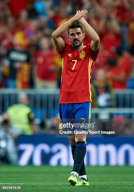 David Villa of Spain celebrates the victory at the FIFA 2018 World Cup Qualifier between Spain and Italy at Estadio Santiago Bernabeu on September 2,...