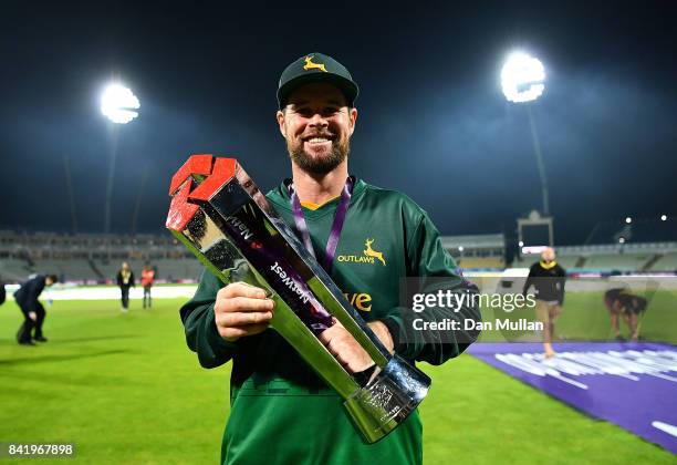 Daniel Christian of Notts celebrates with the trophy after winning the NatWest T20 Blast Final between Birmingham Bears and Notts Outlaws at...