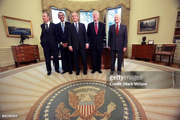 President George W. Bush meets with President-elect Barack Obama , former President Bill Clinton , former President Jimmy Carter and former President...