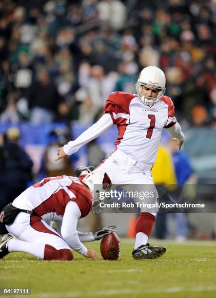 Neil Rackers of the Arizona Cardinals attempts a field goal against the Philadelphia Eagles at Lincoln Financial Field on November 27, 2008 in...