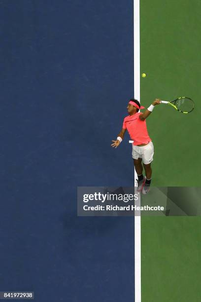 Rafael Nadal of Spain serves to Leonardo Mayer of Argentina during their third round Men's Singles match on Day Six of the 2017 US Open at the USTA...