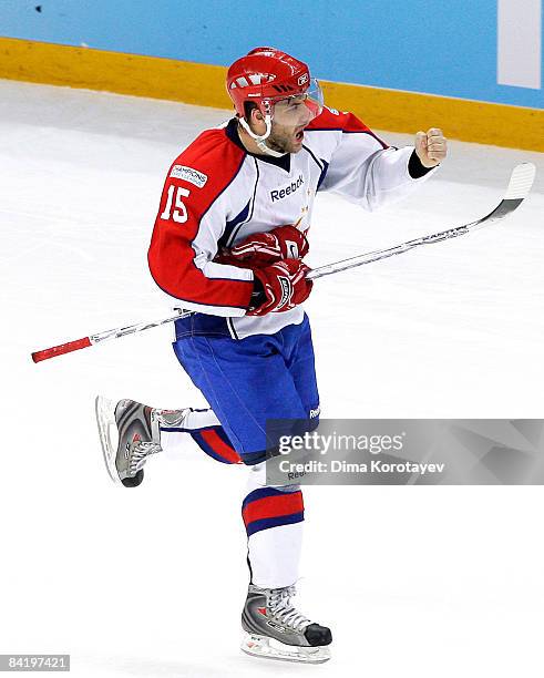 Jan Marek of Metallurg Magnitogorsk celebrates their victory in the IIHF Champions Hockey League semi final game between Salavat Yulayev Ufa and...